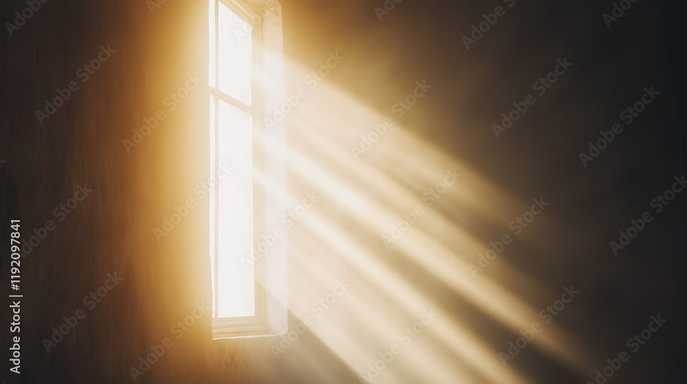 Poster golden rays through window: sunbeams stream through a window, illuminating a darkened room with warm