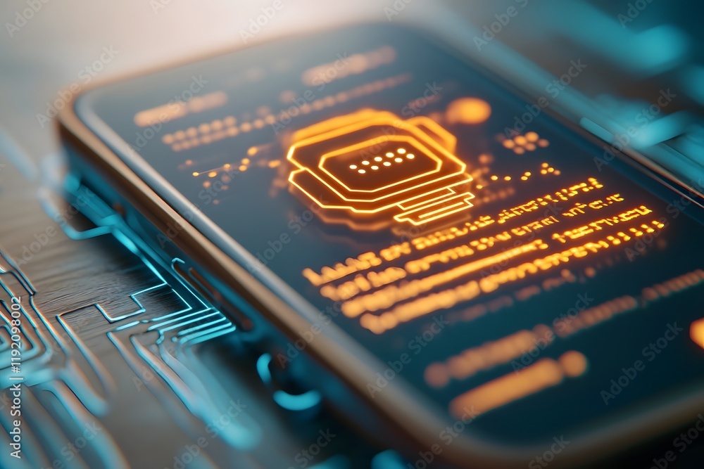 Poster cutting edge chatbot hologram emerging from smartphone with minimal neon interface