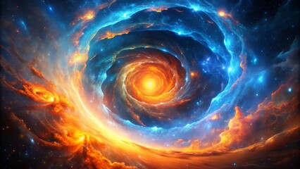 Cosmic Fire and Ice Spiral Nebula Digital Art, Fantasy Space, swirling galaxy, fiery nebula, blue nebula Space art, Nebula