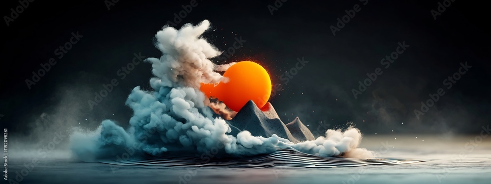 Poster dramatic depicting the interaction of a wave packet with an obstacle resulting in diffraction and in