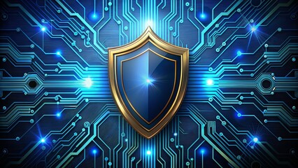 Fototapeta premium Cybersecurity Shield Blue Circuit Board Background, Digital Protection Concept, 3D Render, Cyber Security, Data Protection