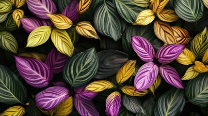 Fototapeta premium Vibrant leaves in purple, gold & green — artistic, lush & full of tropical elegance. Perfect for design, nature or dreamy vibes. 🌿✨ #LeafArt #ColorfulNature