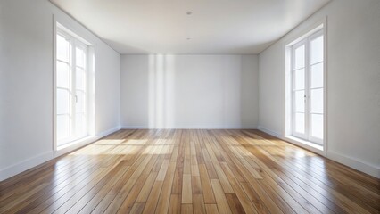 Fototapeta premium Empty Room Sunlight on Hardwood Floor, White Walls, French Doors