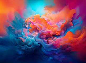 Obraz premium Abstract vibrant artwork featuring swirling, fluid forms in shades of orange, pink, and blue against a dynamic background. The colors blend and intermingle, creating a sense of movement and energy.