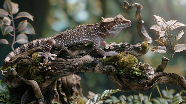 In an eco-friendly setting with detailed textures, a crested gecko investigates a new habitat designed by the vet, enjoying a naturally enriched environment.