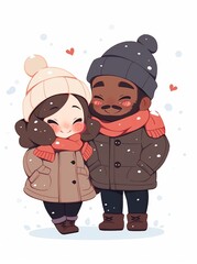 Chibi-style cute cartoon couple wearing winter clothing, standing together in the middle of the picture.