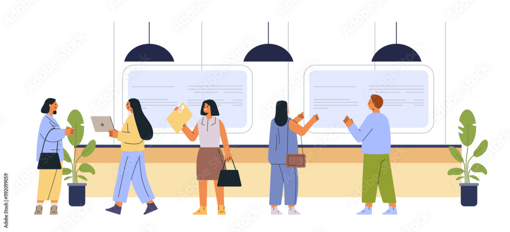 Poster office workers collaborating in modern workspace diverse individuals interacting with documents and 
