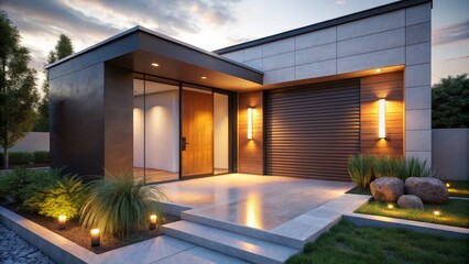 Fototapeta premium Modern House Exterior Design Dusk Lighting, Concrete and Wood, Architectural Visualization, 3D Render, Modern Architecture Modern architecture, 3D rendering