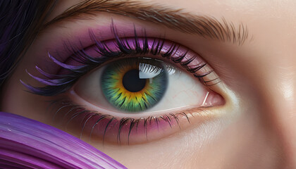 Fototapeta premium Close-up of an eye with vibrant green and yellow hues, detailed makeup, and dramatic lashes.