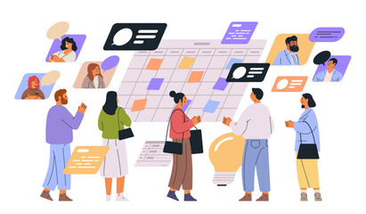 Team collaboration concept people discussing project schedule communication icons diverse group colorful elements