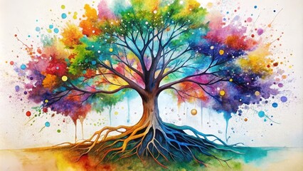 Rainbow Tree of Life Watercolor Painting, Abstract Roots, Colorful Branches, Nature Concept Watercolor, Tree of Life