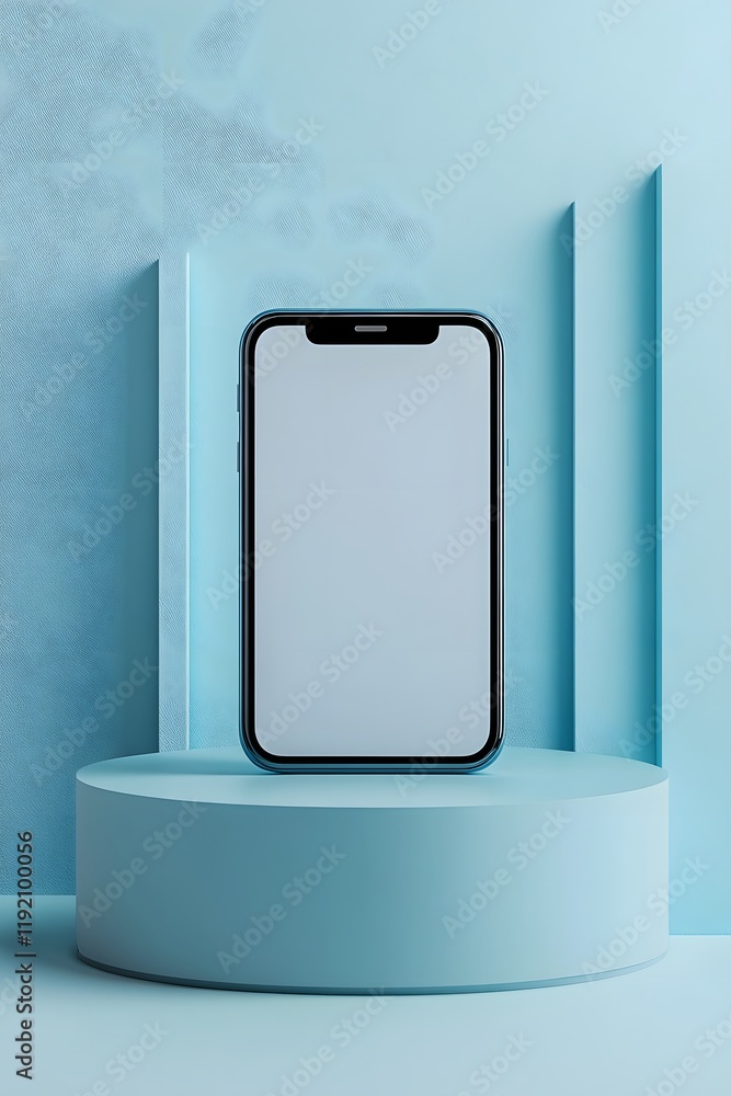 Poster 3d render of minimalist smartphone with empty wallpaper floating on blue cylinder platform