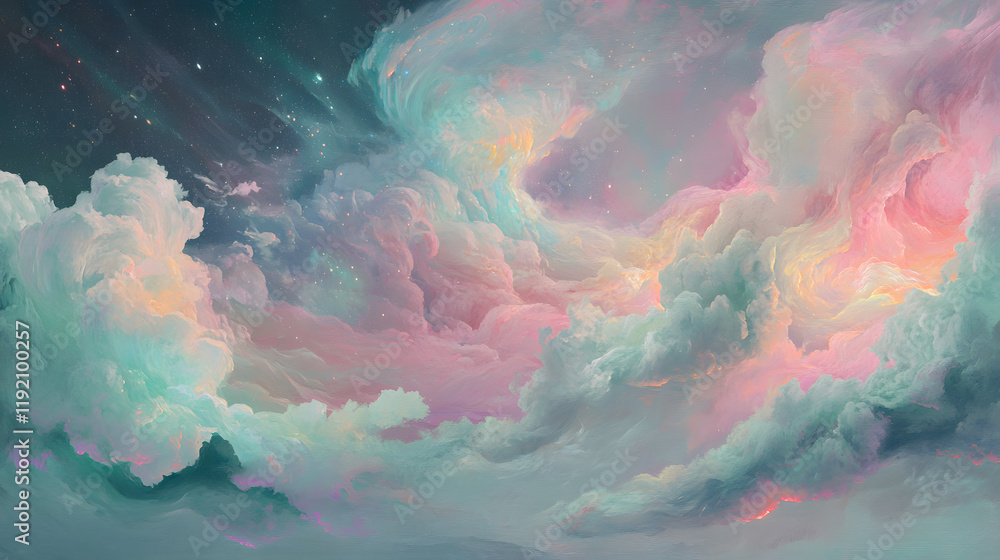 Wall mural An enchanting pastel sky featuring swirling, galaxy-like clouds in shades of pink, mint green, and lavender. Sparkling stars and faint auroras add a celestial touch