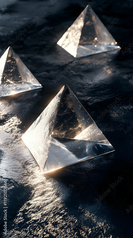 Aufkleber 3d floating crystalline pyramids with a reflective surface, casting soft shadows on a dark textured 
