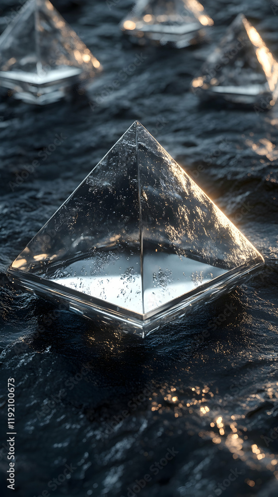 Poster 3d floating crystalline pyramids with a reflective surface, casting soft shadows on a dark textured 