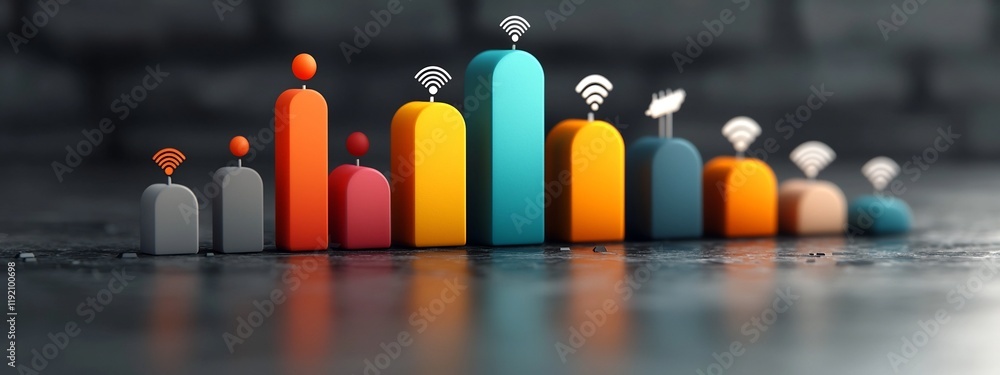 Poster a 3d rendered graphic depicting the frequency spectrum allocation for different types of wireless co