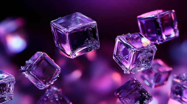 3D floating translucent cubes with a reflective surface, creating a dynamic pattern against a deep purple and black gradient