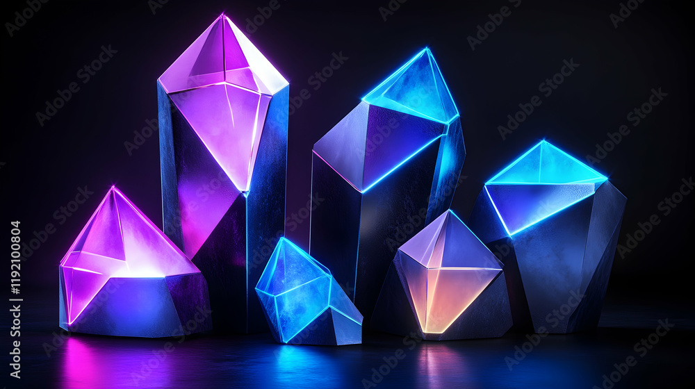Aufkleber 3d neon-lit polygonal shapes with sharp edges, set against a dark matte background with soft glowing