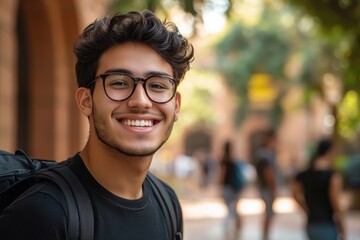 Naklejka premium Smiling young man with glasses and backpack outdoors. Perfect for education, college, or student lifestyle themes.