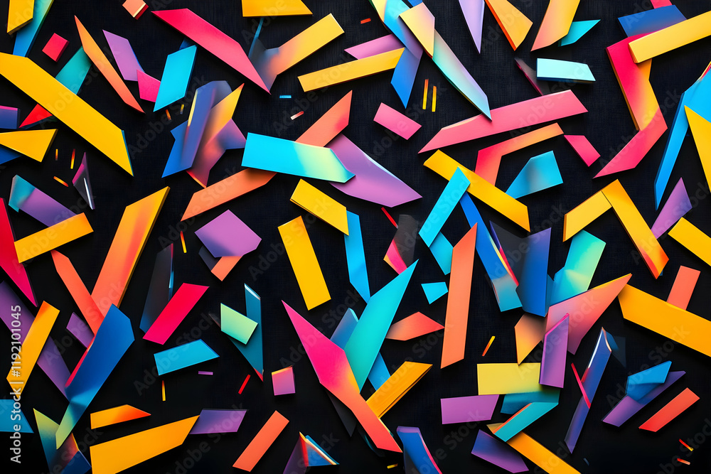 Poster a chaotic 3d pattern of sharp angular prisms and neon lines in a kaleidoscope of colors on a black b
