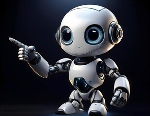 robot with hands, cute mini robot pointing fingers at copy space on black background
