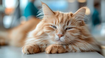A sleepy ginger tabby cat rests with eyes half-closed on a clinic table, surrounded by a calm and blurred veterinary setting, evoking relaxation.
