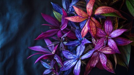 Vibrant purple and red flowers with dark background, showcasing rich petal textures
