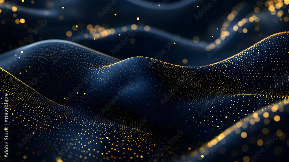 Poster abstract dark blue background with shimmering gold particles, creating a festive holiday glow and su