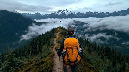 Obraz premium Intrepid Explorer Navigating Winding Mountain Trail Towards Distant Summit