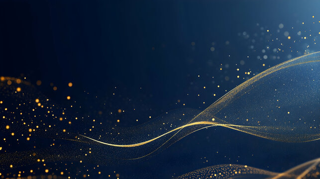 Abstract dark blue background with floating gold particles and shimmering bokeh lights for a digital holiday theme