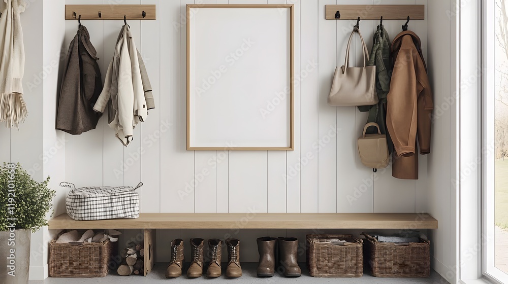 Poster functional mudroom design with empty picture frame and storage cubbies
