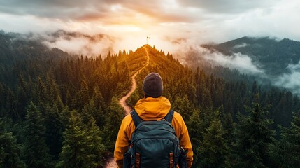 Intrepid Explorer Ascending Winding Mountain Trail Towards Distant Summit