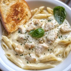 A rich and creamy Alfredo sauce pasta with tender chicken pieces and a sprinkle of Parmesan cheese, served in a white bowl, Pasta centered
