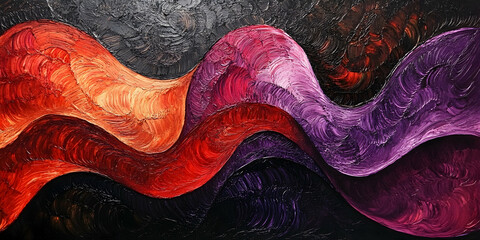 Abstract waves in vibrant red and purple, swirling and blending into each other over a black, textured surface