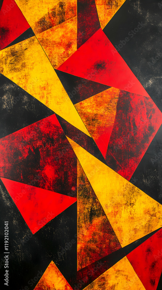Poster bold, geometric shapes in bright red and yellow, creating a dynamic pattern against a black backgrou