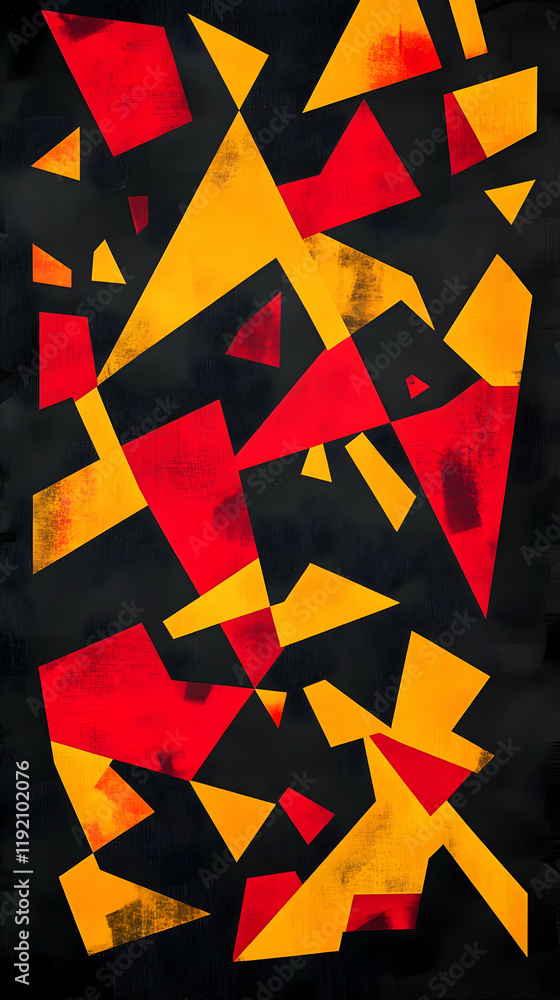 Aufkleber bold, geometric shapes in bright red and yellow, creating a dynamic pattern against a black backgrou