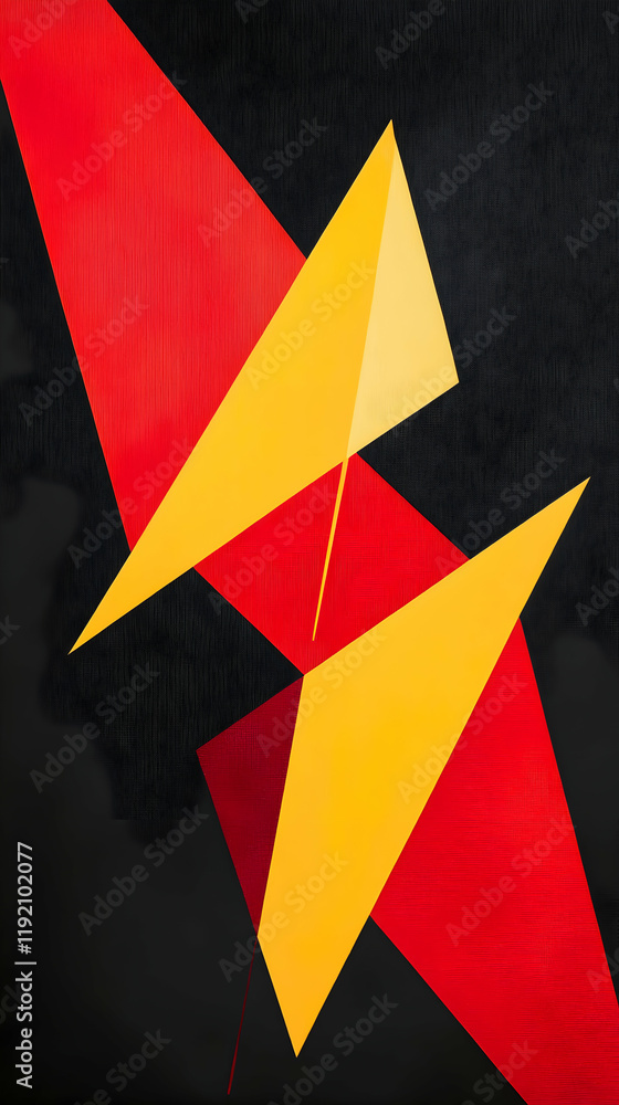 Poster bold, geometric shapes in bright red and yellow, creating a dynamic pattern against a black backgrou