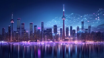 Skyline with smart buildings connected by a glowing network grid
