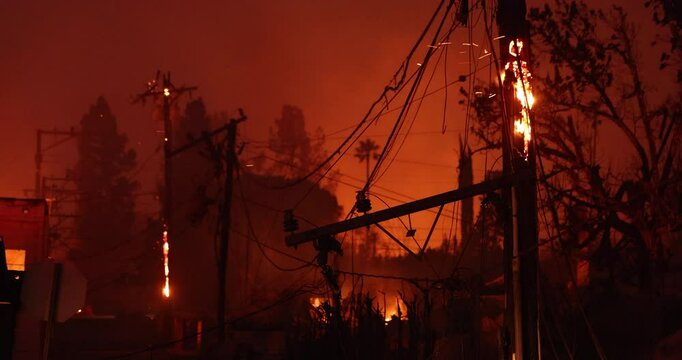 Altadena, California, USA - January 8, 2025: Power lines destroyed by the Eaton Fire hang in a residential neighborhood.