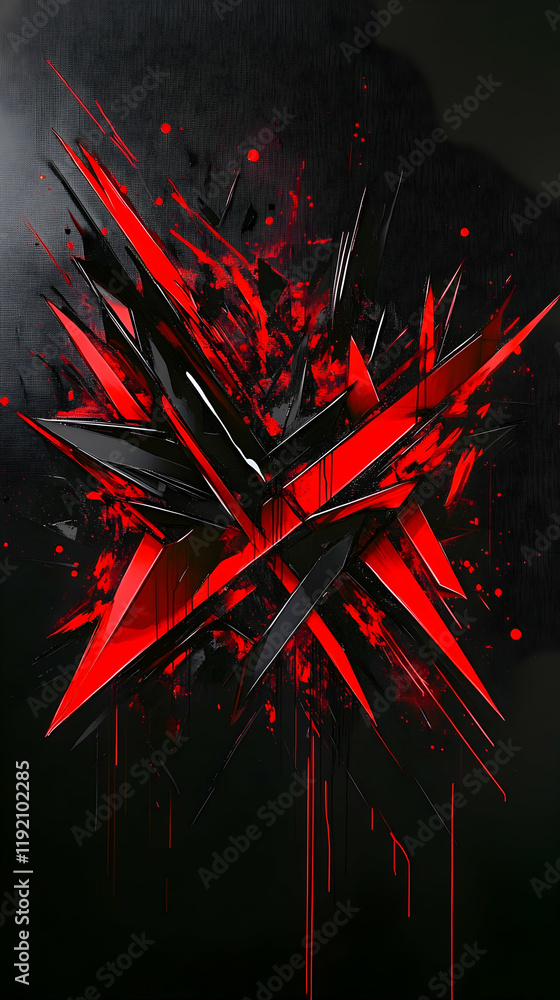 Poster bold splashes of red and black with sharp, angular lines and textured patterns on a dark canvas