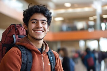 Fototapeta premium Smiling young man with backpack in college. Perfect for education, travel, or youth themes.