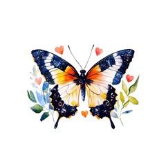 Naklejka premium A vibrant butterfly adorned with colorful patterns and floral elements, highlighted by small hearts.