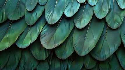 A close-up view of vibrant green feathers layered in a textured pattern.
