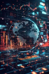 A digital globe with global financial data and graphs, surrounded by glowing holographic charts representing the world's international markets. 