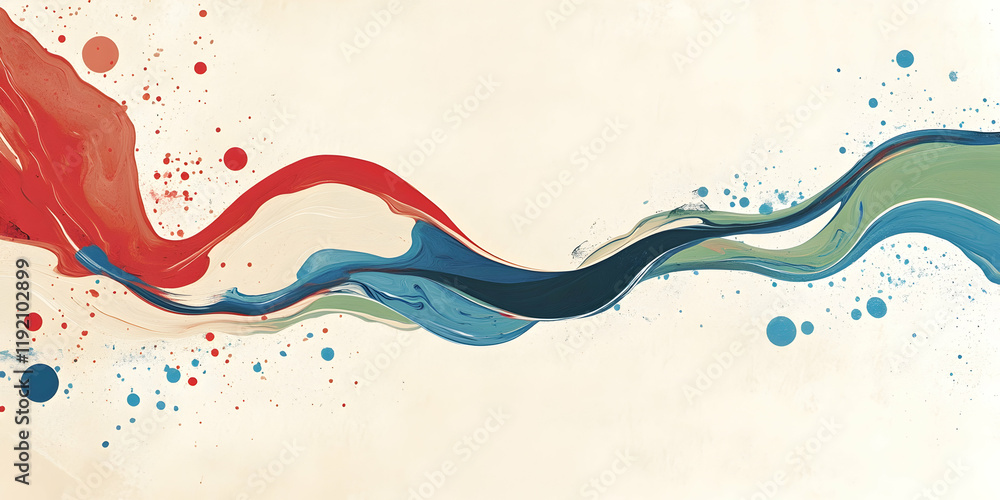 Poster colorful splashes of red, blue, and green creating dynamic, fluid patterns on a light, neutral backg