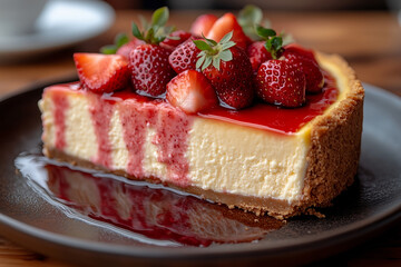 A slice of classic New York-style cheesecake with a smooth, creamy filling and a graham cracker crust, topped with fresh strawberries and a drizzle of strawberry syrup.