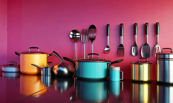 A vibrant kitchen scene featuring colorful pots, pans, and utensils against a pink backdrop, showcasing a modern culinary setup.