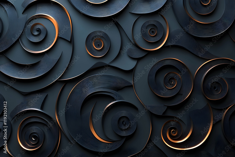 Aufkleber dynamic 3d spiral patterns and fractured shapes in metallic shades, set on a neutral dark background