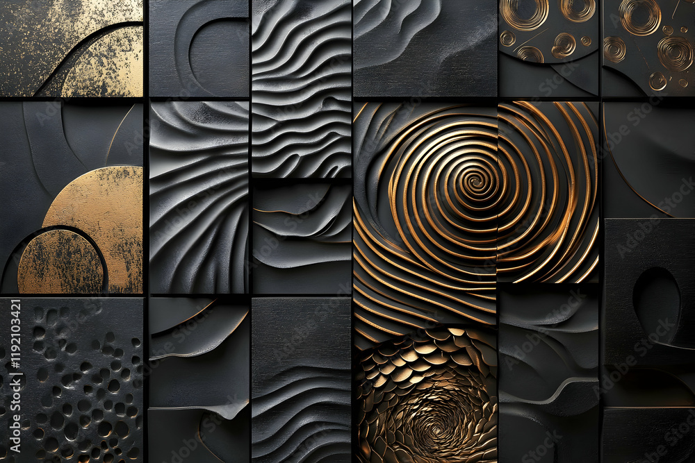 Poster dynamic 3d spiral patterns and fractured shapes in metallic shades, set on a neutral dark background