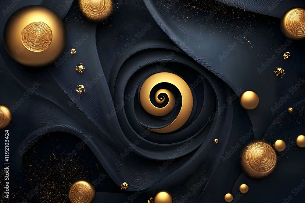 Poster dynamic 3d spiral patterns and fractured shapes in metallic shades, set on a neutral dark background